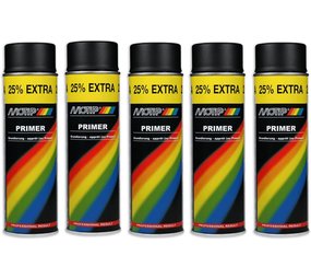 Motip Motip verf 5 stuks spuitverf Primer zwart sneldrogend 500 mL voor metaal , hout, aluminium en steen - 25 % EXTRA Motip Motip verf 5 stuks spuitverf Primer zwart sneldrogend 500 mL voor metaal , hout, aluminium en steen - 25 % EXTRA