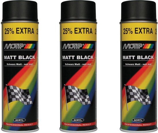 Motip Motip verf 5 stuks spuitverf Mat zwart sneldrogend 500 mL voor metaal , hout, aluminium en steen - 25 % EXTRA Motip Motip verf 5 stuks spuitverf Mat zwart sneldrogend 500 mL voor metaal , hout, aluminium en steen - 25 % EXTRA