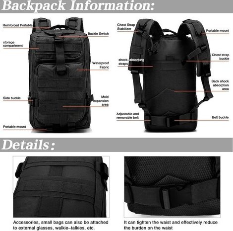 Discountershop Tactical Backpack 26l | Tactical backpack | sport - school - work | Black - Backpack US Assault Molle Large - Backpack - Black - 26 L
