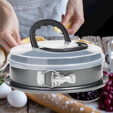 Merkloos Springvorm met deksel 26cm diameter - Cakevorm - bakvorm - taartvorm - bakvorm rond - makkelijk in gebruik - handig om je taart of cake in te bewaren - plastic deksel - zilver