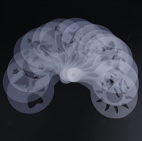 Discountershop 16 Cappuccino Coffee Barista Stencils Template Sprinkle Pad Duster Spray - Cappuccino Template - Reusable Barista Set - Cocoa Templates - 16 Pieces - White Discountershop 16 Cappuccino Coffee Barista Stencils Template Sprinkle Pad Duster Spray - Cappuccino Template - Reusable Barista Set - Cocoa Templates - 16 Pieces - White