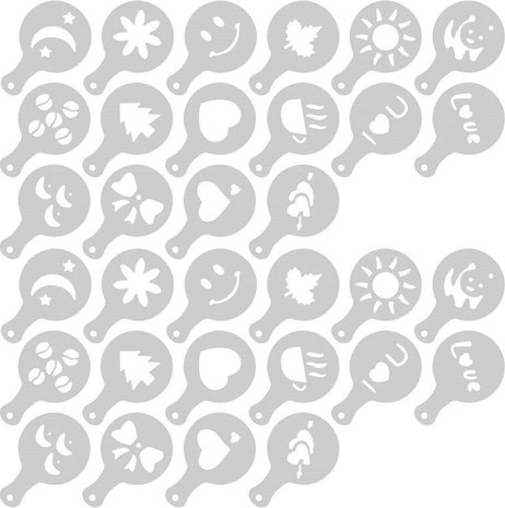 Discountershop 16 Cappuccino Coffee Barista Stencils Template Sprinkle Pad Duster Spray - Cappuccino Template - Reusable Barista Set - Cocoa Templates - 16 Pieces - White Discountershop 16 Cappuccino Coffee Barista Stencils Template Sprinkle Pad Duster Spray - Cappuccino Template - Reusable Barista Set - Cocoa Templates - 16 Pieces - White