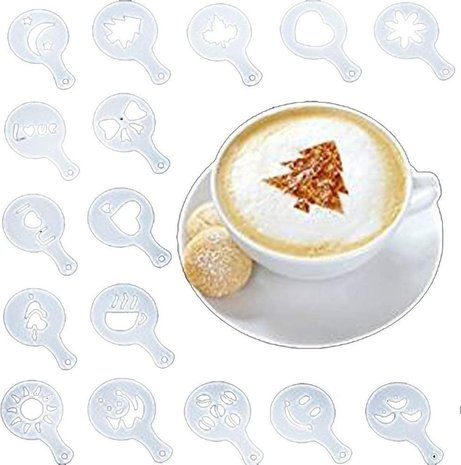 Discountershop 16 Cappuccino Coffee Barista Stencils Template Sprinkle Pad Duster Spray - Cappuccino Template - Reusable Barista Set - Cocoa Templates - 16 Pieces - White Discountershop 16 Cappuccino Coffee Barista Stencils Template Sprinkle Pad Duster Spray - Cappuccino Template - Reusable Barista Set - Cocoa Templates - 16 Pieces - White