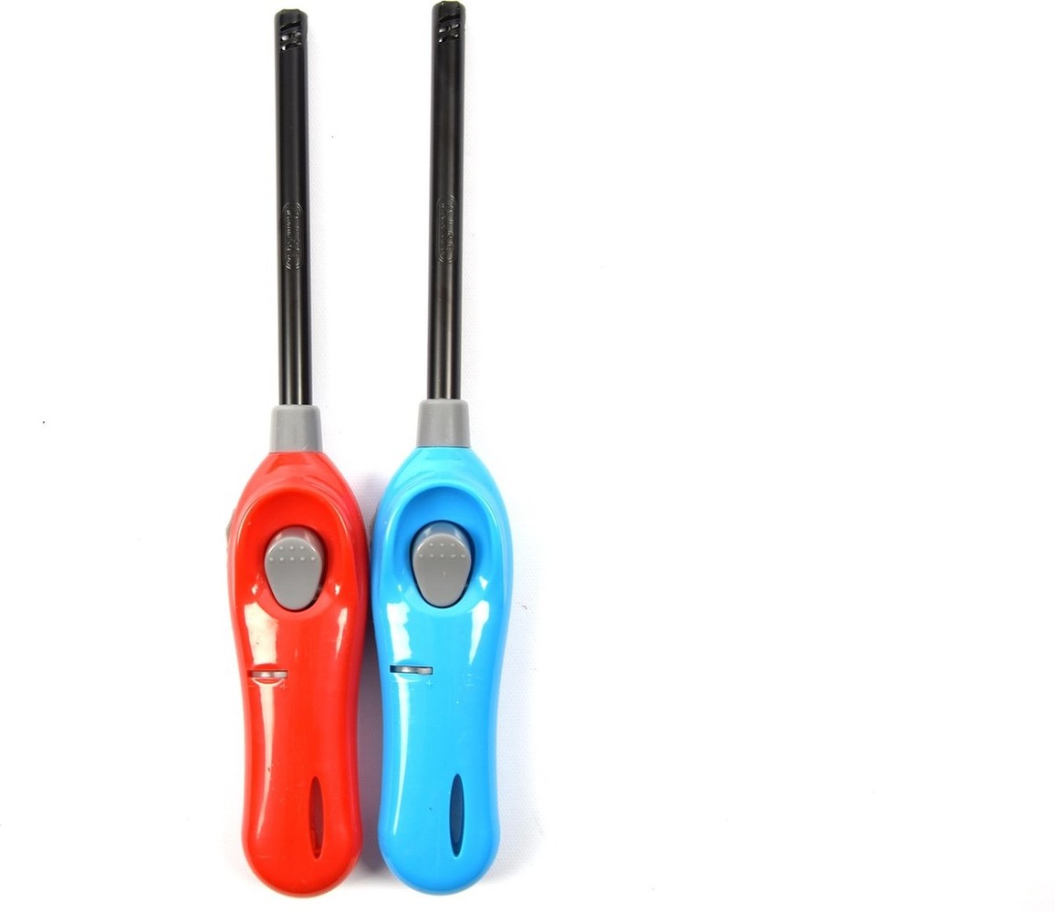 Discountershop Aansteker met Kinderbescherming 26 cm - Set van 2 Rode en Lichtblauwe Gasaanstekers voor BBQ, Kaarsen, Keuken en Horeca