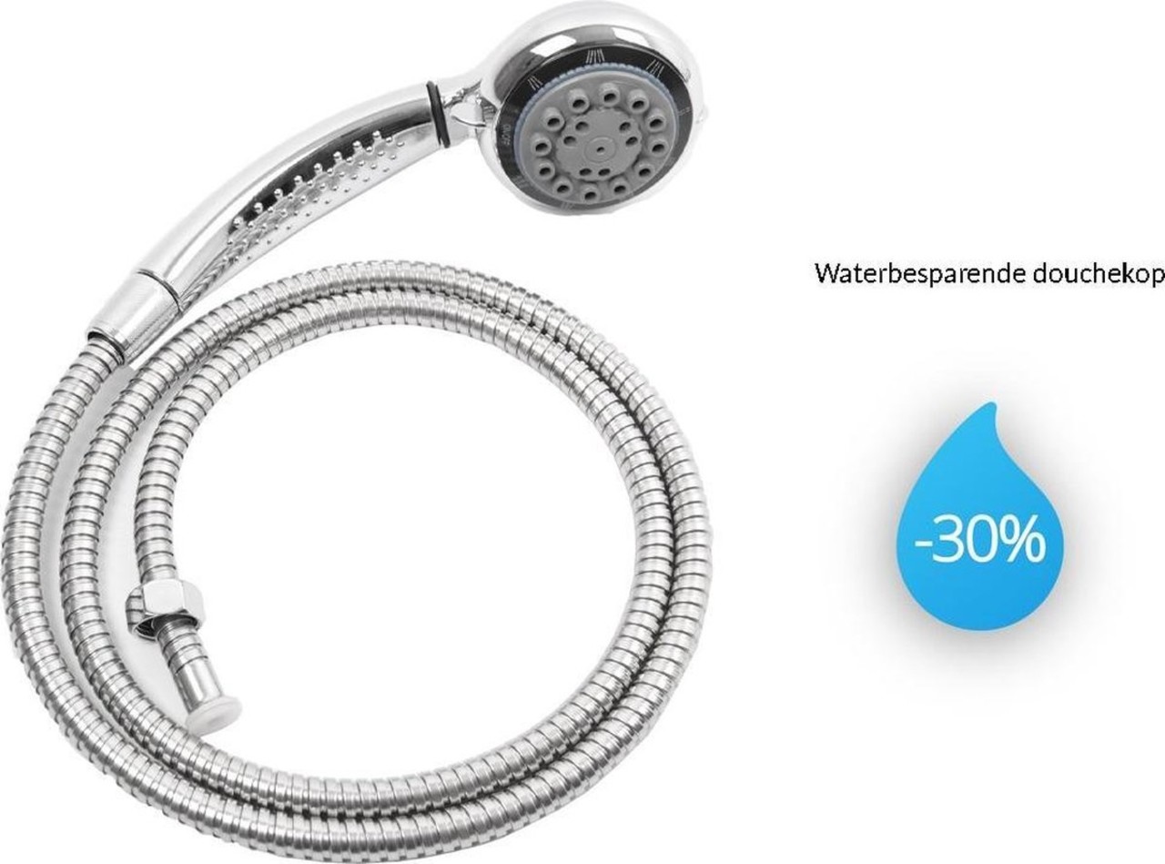 Merkloos Shower head with 8 spray positions -Shower head with hose set-Shower head Incl. Hose 2 Meter -Hand shower 1st. ø 8cm chrome -Shower set hose with 8 spray positions -Shower -Shower heads -Shower head Stainless - 8 Functions - 200 cm hose and 1.3 cm diamete