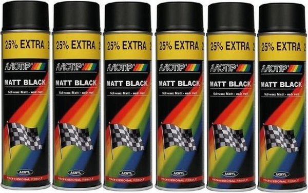 Motip Motip acrylic lacquer matt black - 6 spray cans - fast drying - for wood, metal, glass & plastic - 6 x 500 ml Motip Motip acrylic lacquer matt black - 6 spray cans - fast drying - for wood, metal, glass & plastic - 6 x 500 ml