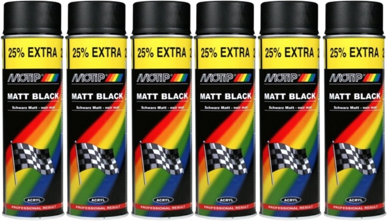 Motip Motip acryllak mat zwart - 6 spuitbussen - sneldrogend - voor hout, metaal, glas & kunststof - 6 x 500 ml Motip Motip acryllak mat zwart - 6 spuitbussen - sneldrogend - voor hout, metaal, glas & kunststof - 6 x 500 ml