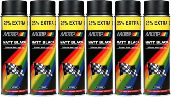 Motip Motip acrylic lacquer matt black - 6 spray cans - fast drying - for wood, metal, glass & plastic - 6 x 500 ml Motip Motip acrylic lacquer matt black - 6 spray cans - fast drying - for wood, metal, glass & plastic - 6 x 500 ml