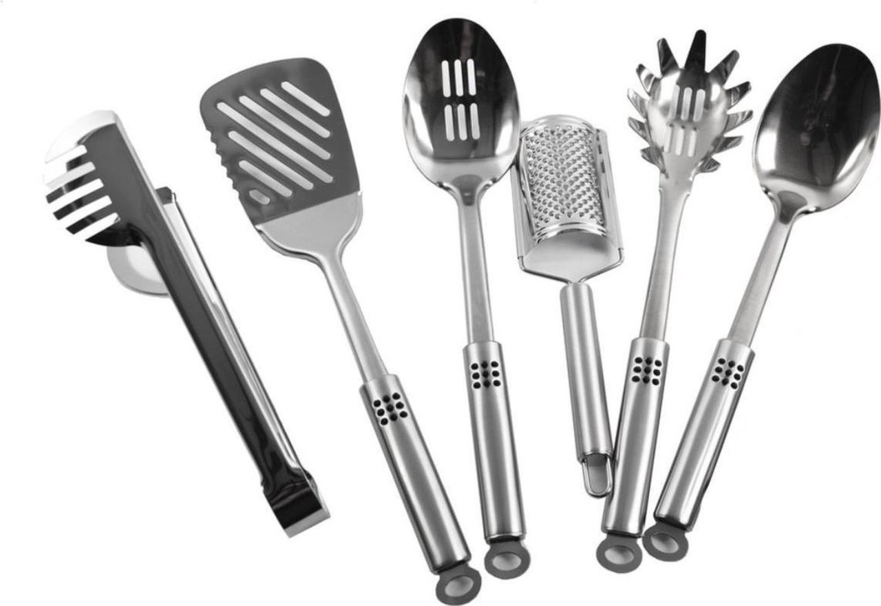 Merkloos Cooking utensils set - Kitchen utensils set - Spaghetti fork - Serving spoon - Cheese grater - Skimmer - Bar spatula - Pasta tongs - Stainless steel Cookware set Merkloos Cooking utensils set - Kitchen utensils set - Spaghetti fork - Serving spoon - Cheese grater - Skimmer - Bar spatula - Pasta tongs - Stainless steel Cookware set
