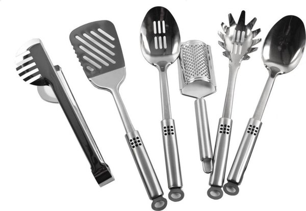 Merkloos Cooking utensils set - Kitchen utensils set - Spaghetti fork - Serving spoon - Cheese grater - Skimmer - Bar spatula - Pasta tongs - Stainless steel Cookware set Merkloos Cooking utensils set - Kitchen utensils set - Spaghetti fork - Serving spoon - Cheese grater - Skimmer - Bar spatula - Pasta tongs - Stainless steel Cookware set