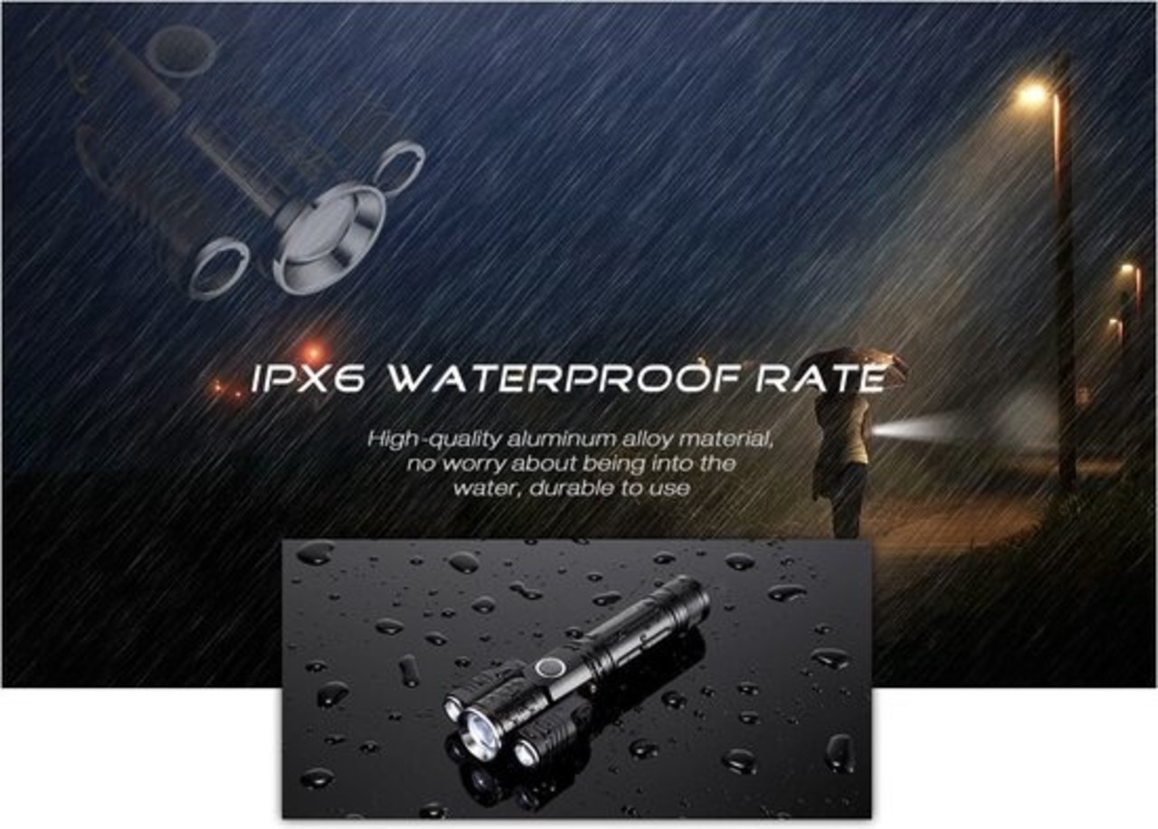 Discountershop LED Zaklamp Oplaadbaar - Opbergkit - IPX-6 Water resistent - 1000 Lumen - Zwart - Militaire LED Zaklamp Discountershop LED Zaklamp Oplaadbaar - Opbergkit - IPX-6 Water resistent - 1000 Lumen - Zwart - Militaire LED Zaklamp