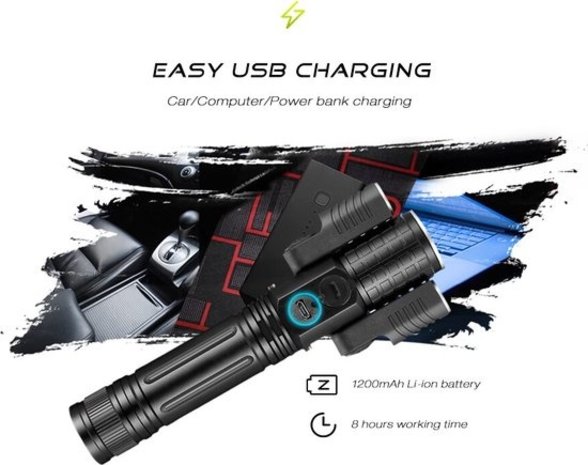 Discountershop LED Zaklamp Oplaadbaar - Opbergkit - IPX-6 Water resistent - 1000 Lumen - Zwart - Militaire LED Zaklamp Discountershop LED Zaklamp Oplaadbaar - Opbergkit - IPX-6 Water resistent - 1000 Lumen - Zwart - Militaire LED Zaklamp