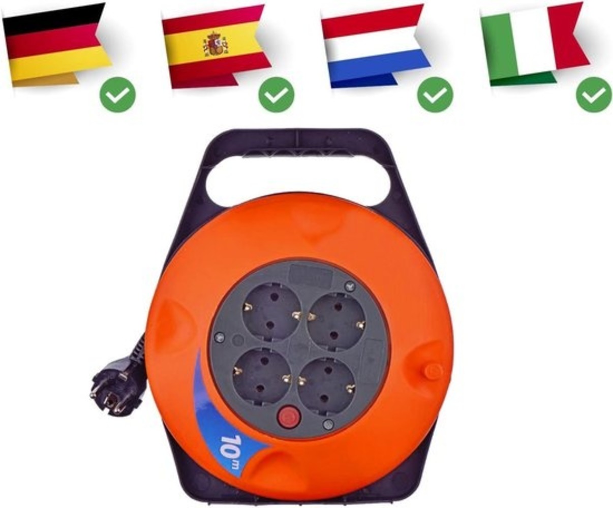 Discountershop Cable box extension cord cable reel cable extension reel with 4 earthed sockets 10 meters Cable reel reel 10 meter cable reel 240 volt | 2200 watts Discountershop Cable box extension cord cable reel cable extension reel with 4 earthed sockets 10 meters Cable reel reel 10 meter cable reel 240 volt | 2200 watts