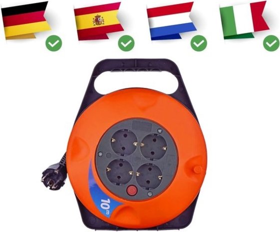 Discountershop Cable box extension cord cable reel cable extension reel with 4 earthed sockets 10 meters Cable reel reel 10 meter cable reel 240 volt | 2200 watts Discountershop Cable box extension cord cable reel cable extension reel with 4 earthed sockets 10 meters Cable reel reel 10 meter cable reel 240 volt | 2200 watts