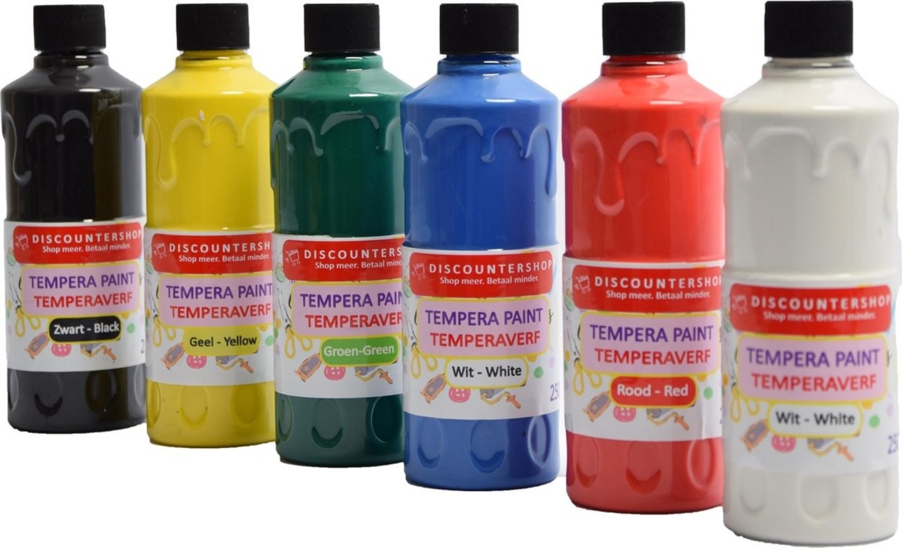 Discountershop Tempera paint 250 ML - 6 pieces - Blue - Yellow - Green - Red - White - Black - Set of 6x Acrylic paint / tempera paint - 6 colors - Bottle 250 ml - Tempera / acrylic paint - Hobby - craft material - Making a painting - Water-based paint - Hobby Discountershop Tempera paint 250 ML - 6 pieces - Blue - Yellow - Green - Red - White - Black - Set of 6x Acrylic paint / tempera paint - 6 colors - Bottle 250 ml - Tempera / acrylic paint - Hobby - craft material - Making a painting - Water-based paint - Hobby