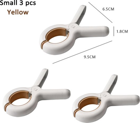 Discountershop Clamps 3 pieces - Clothespins - 3 pieces - White and Yellow 100% plastic and therefore stainless | Do not leave any prints Discountershop Clamps 3 pieces - Clothespins - 3 pieces - White and Yellow 100% plastic and therefore stainless | Do not leave any prints