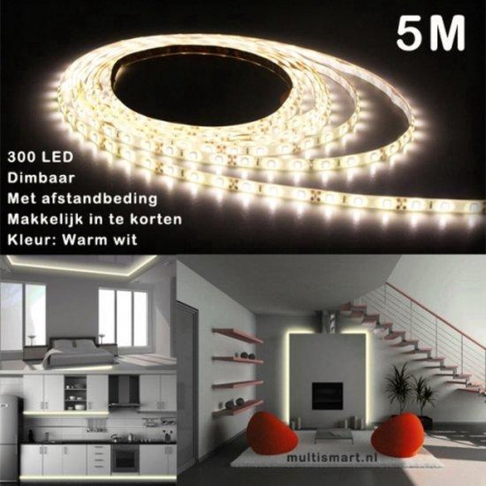 Merkloos 5M Ledstrip - Warm wit - Dimbaar - 300 LED - Met Adapter Merkloos 5M Ledstrip - Warm wit - Dimbaar - 300 LED - Met Adapter
