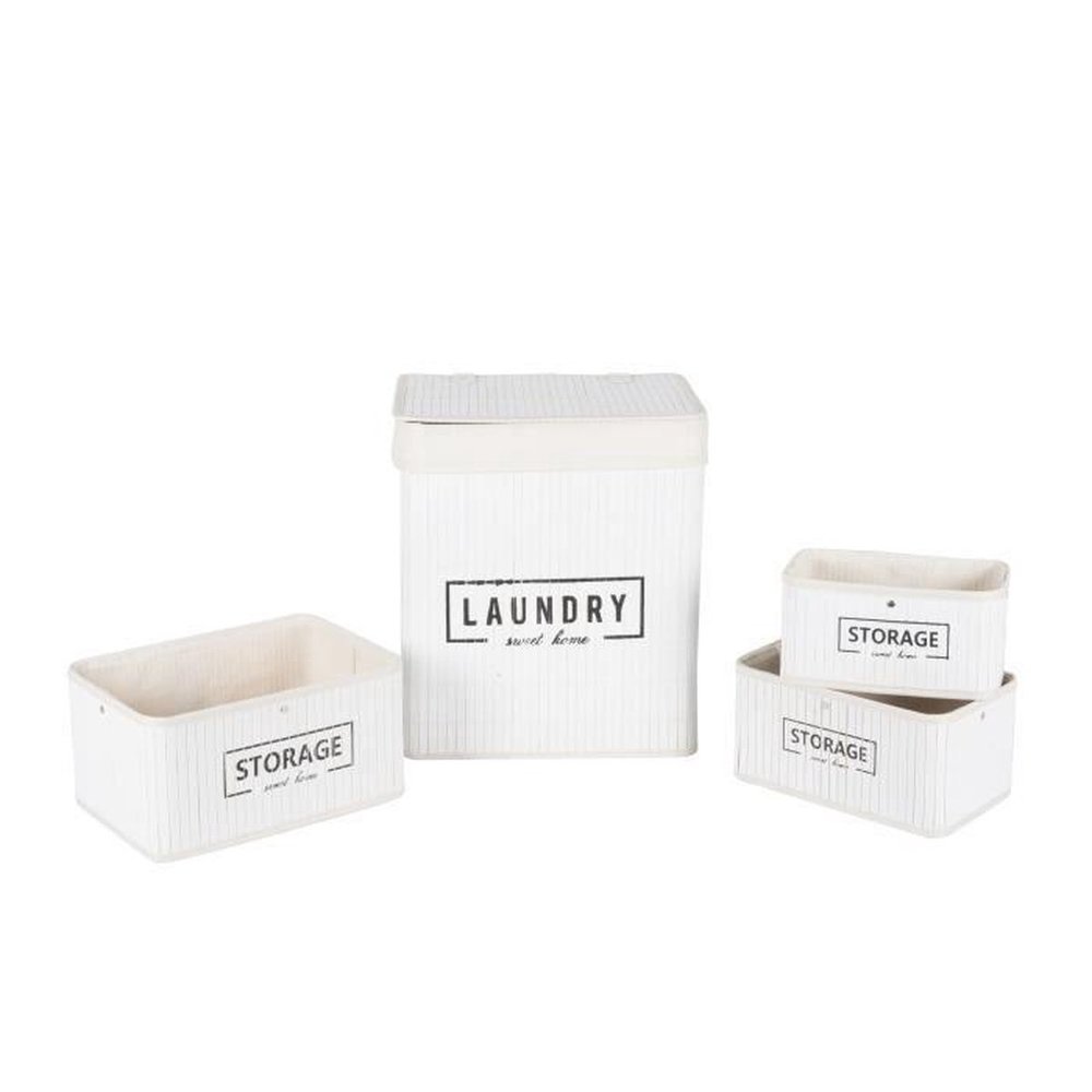 Merkloos Set manden - bamboe - 4-delig - wasmand en 3 opbergmanden - wit Merkloos Set manden - bamboe - 4-delig - wasmand en 3 opbergmanden - wit