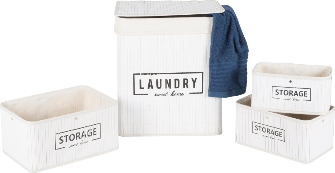 Merkloos Set manden - bamboe - 4-delig - wasmand en 3 opbergmanden - wit Merkloos Set manden - bamboe - 4-delig - wasmand en 3 opbergmanden - wit
