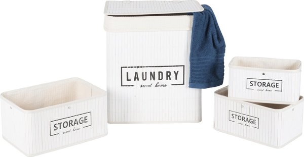Merkloos Set manden - bamboe - 4-delig - wasmand en 3 opbergmanden - wit Merkloos Set manden - bamboe - 4-delig - wasmand en 3 opbergmanden - wit