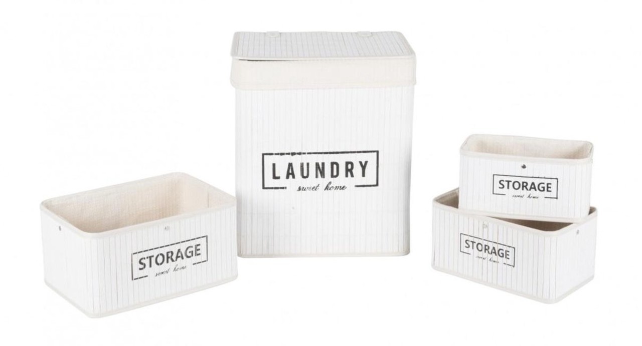 Merkloos Set manden - bamboe - 4-delig - wasmand en 3 opbergmanden - wit Merkloos Set manden - bamboe - 4-delig - wasmand en 3 opbergmanden - wit