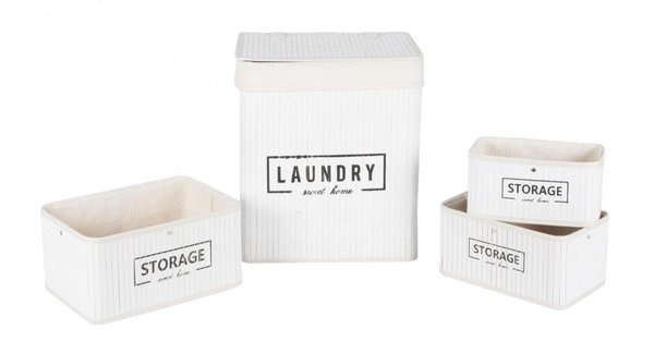 Merkloos Set manden - bamboe - 4-delig - wasmand en 3 opbergmanden - wit Merkloos Set manden - bamboe - 4-delig - wasmand en 3 opbergmanden - wit