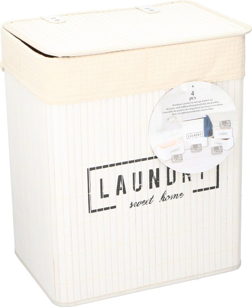 Merkloos Set manden - bamboe - 4-delig - wasmand en 3 opbergmanden - wit Merkloos Set manden - bamboe - 4-delig - wasmand en 3 opbergmanden - wit