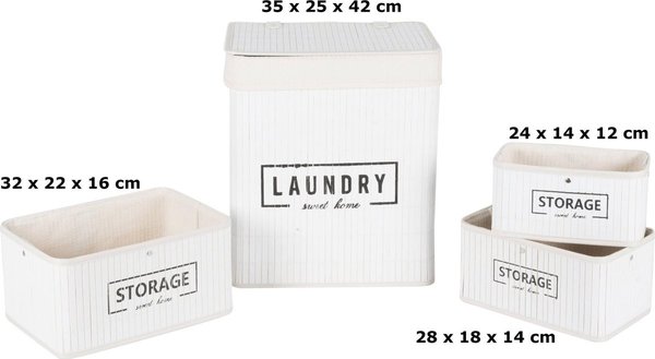 Merkloos Set manden - bamboe - 4-delig - wasmand en 3 opbergmanden - wit Merkloos Set manden - bamboe - 4-delig - wasmand en 3 opbergmanden - wit