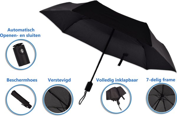 Discountershop 2x Automatic Storm Umbrella - Umbrella - Automatic, Foldable & Windproof up to 70 - 80 km p/h - Ø 95 cm - 7 panels - Double Layer - Black