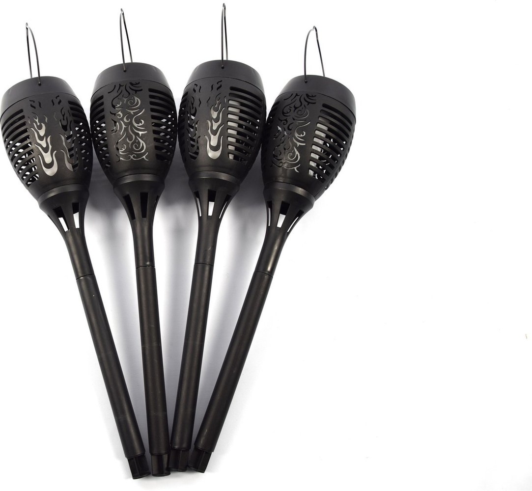 Grundig Solarlamp LED vlam 12 lampjes - elektrische fakkel solar LED 48 cm kunststof oranje/zwart - Solar tuinlampen pilaar/paal op zonne-energie - tuinverlichting - Solar LED Tuinverlichting - Tuindecoratie