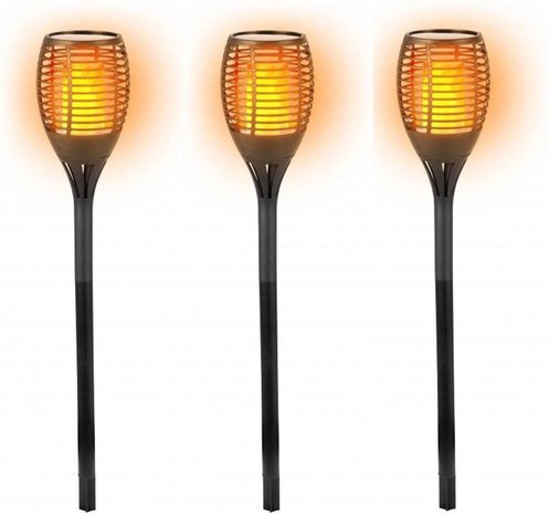 Grundig Solarlamp LED vlam 12 lampjes - elektrische fakkel solar LED 48 cm kunststof oranje/zwart - Solar tuinlampen pilaar/paal op zonne-energie - tuinverlichting - Solar LED Tuinverlichting - Tuindecoratie