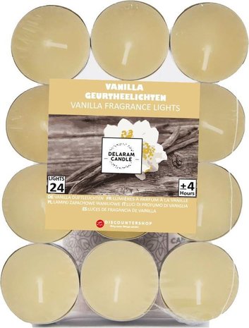 Delaram Geur Theelichten met 9 Branduren | Geur Waxinelichtjes | Geurtheelichten Vanille | 24 stuks Goodkope Theelichten met Geur