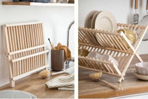 Dish Rack Wooden Dish Rack Foldable dish rack bamboo wood Sustainable Pine wood 43x37x29cm Brown Discountershop
