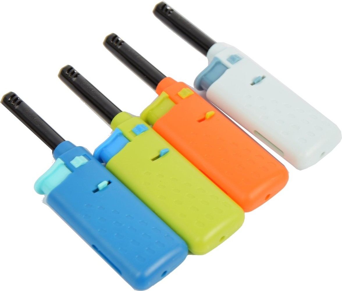 Discountershop Mini Kitchen Lighter Set of 4, Refillable Gas Lighters in Blue, Green, Orange and White for BBQ and Kitchen Discountershop Mini Kitchen Lighter Set of 4, Refillable Gas Lighters in Blue, Green, Orange and White for BBQ and Kitchen