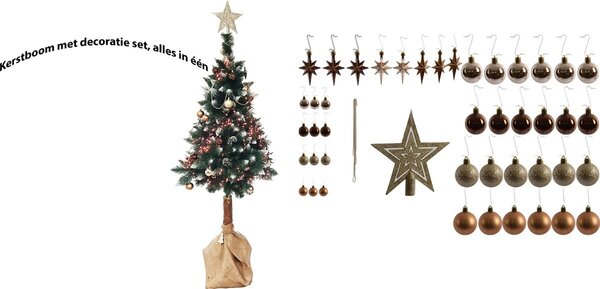 Discountershop Complete Christmas tree with decoration set | all in one | Christmas tree 180 cm natural wooden trunk | Christmas lights 384 Led | 45 set Christmas baubles with peak Gold | with Christmas bauble hooks 50 pieces Discountershop Complete Christmas tree with decoration set | all in one | Christmas tree 180 cm natural wooden trunk | Christmas lights 384 Led | 45 set Christmas baubles with peak Gold | with Christmas bauble hooks 50 pieces