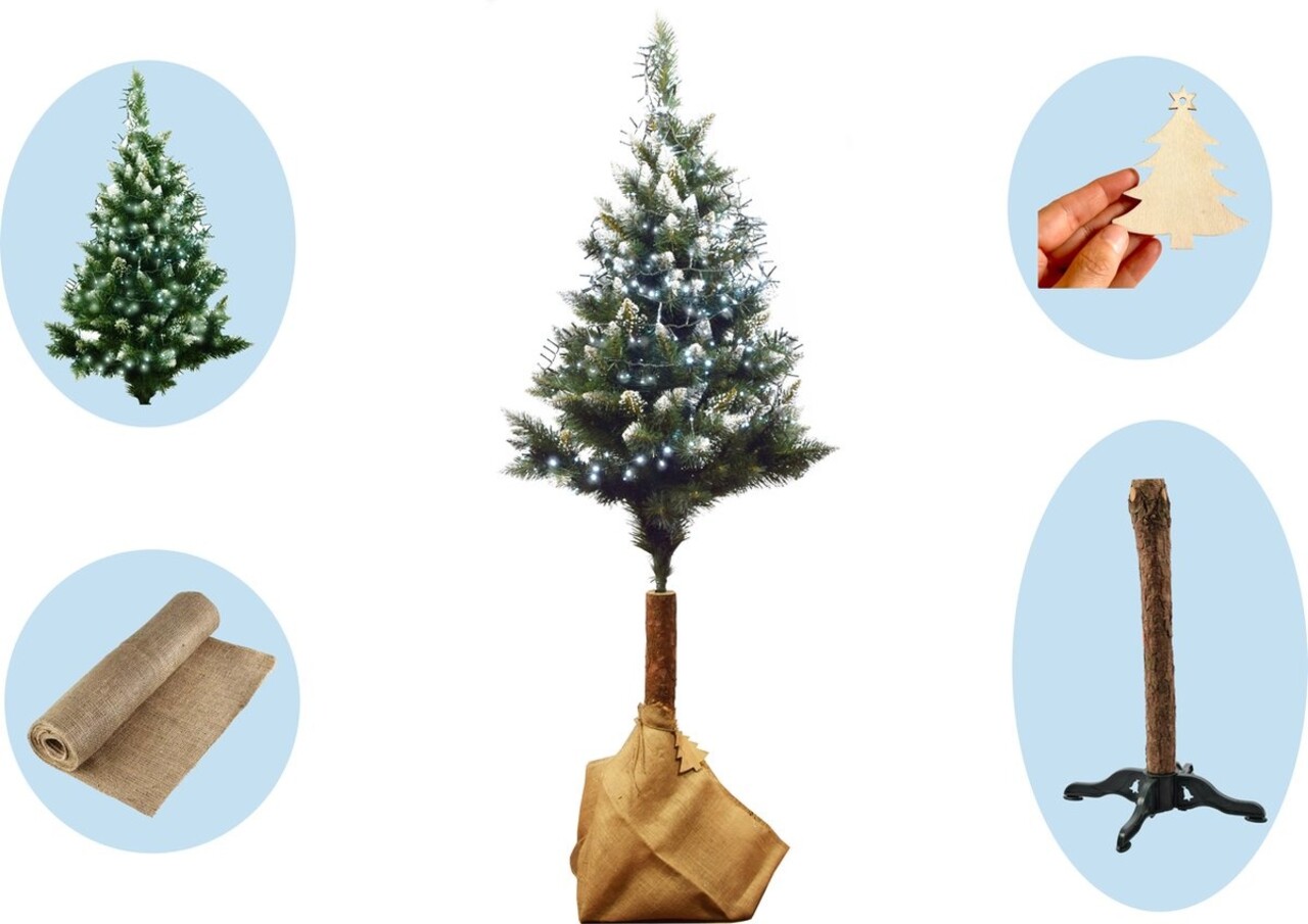 Discountershop Complete Christmas tree with decoration set | all in one | Christmas tree 180 cm natural wooden trunk | Christmas lights 384 Led | 45 set Christmas baubles with peak Gold | with Christmas bauble hooks 50 pieces Discountershop Complete Christmas tree with decoration set | all in one | Christmas tree 180 cm natural wooden trunk | Christmas lights 384 Led | 45 set Christmas baubles with peak Gold | with Christmas bauble hooks 50 pieces