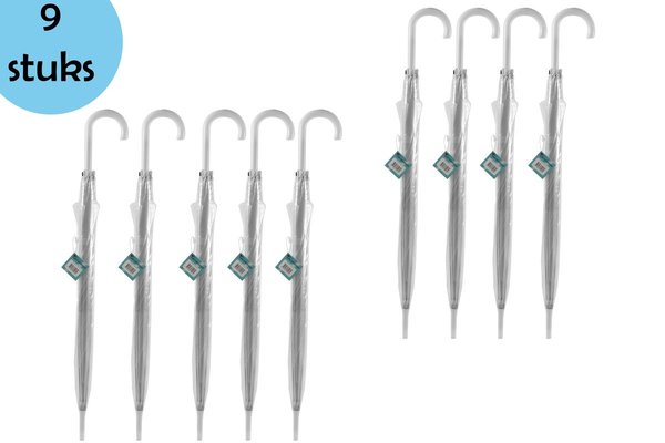 Discountershop Paraplu Transparant Groot 100 cm - Goedkope Paraplu Set van 9 - Trouwparaplu voor Regen & Sneeuw - Windbestendig
