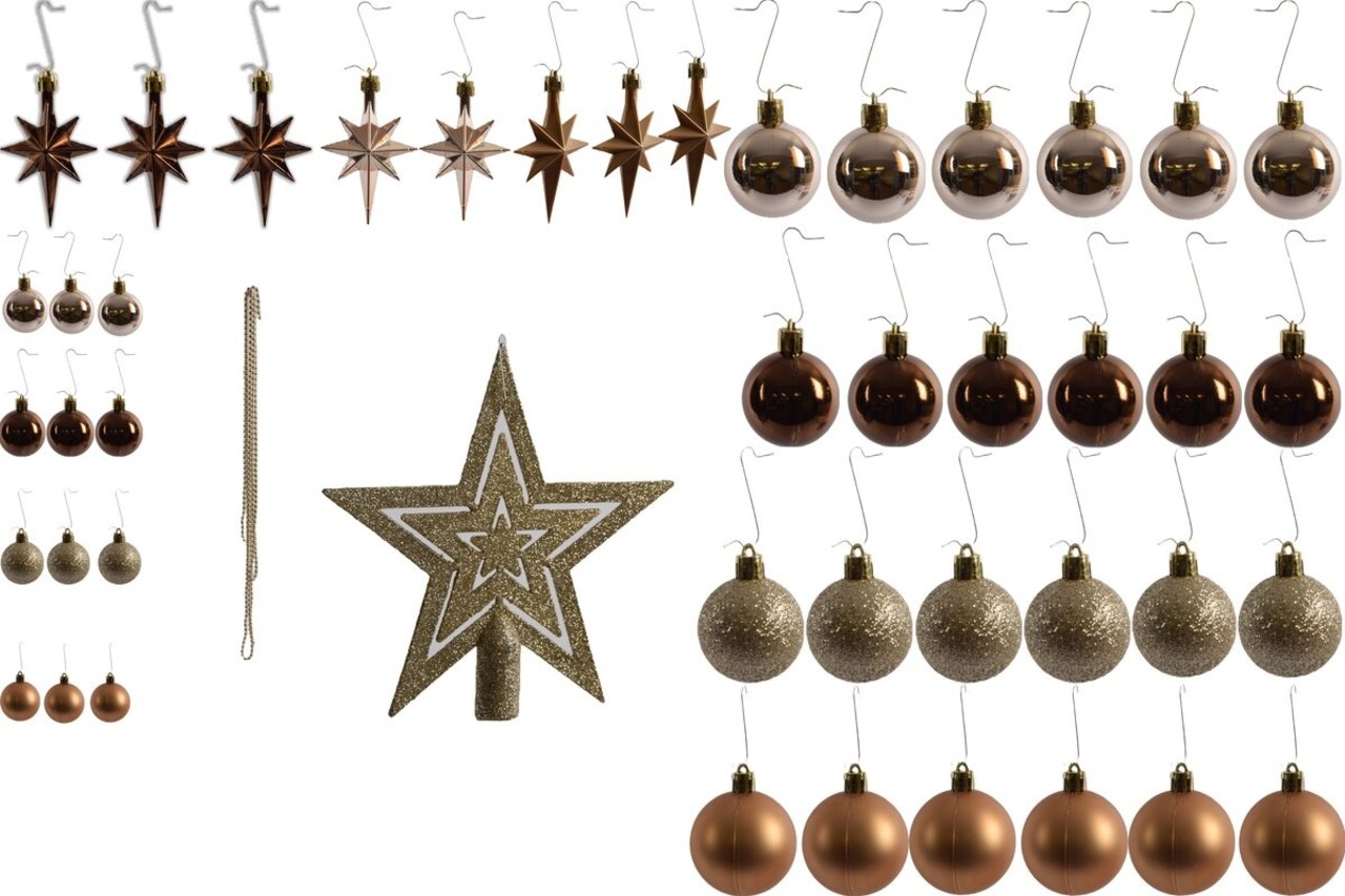 Discountershop Small Christmas baubles with 50 Christmas bauble hooks 3-4cm 44-piece | decoration with a peak gold brown with glitter chain | plastic Christmas bauble