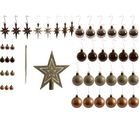 Discountershop Kleine Kerstballen met 50 Kerstbalhaakjes 3-4cm 44-delig |decoratie met en piek goud bruin met glitters ketting |kunststof kerstbal