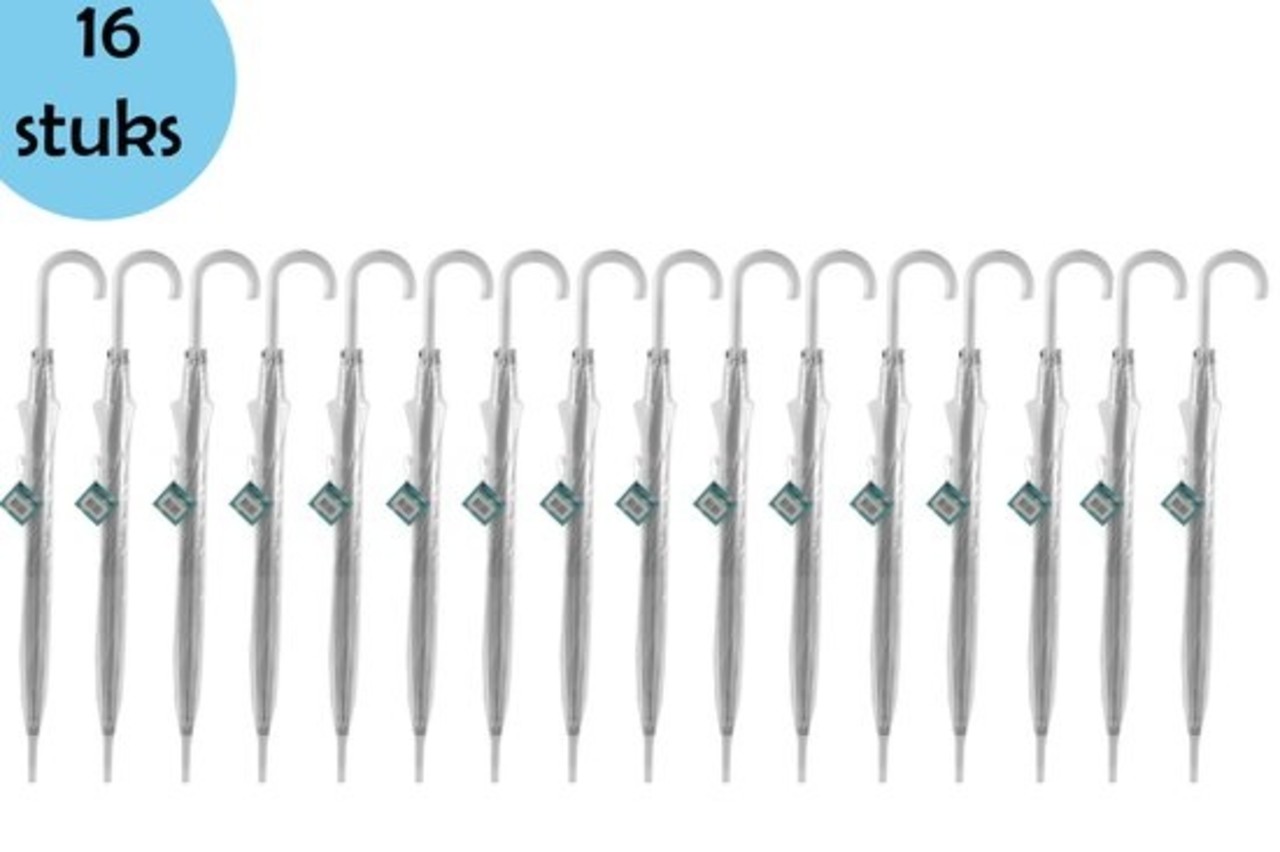 Discountershop Grote Doorzichtige Paraplu 100 cm - Trouwparaplu Transparant - 16 stuks Voordelpak Bruidsparaplu - Windbestendig Discountershop Grote Doorzichtige Paraplu 100 cm - Trouwparaplu Transparant - 16 stuks Voordelpak Bruidsparaplu - Windbestendig