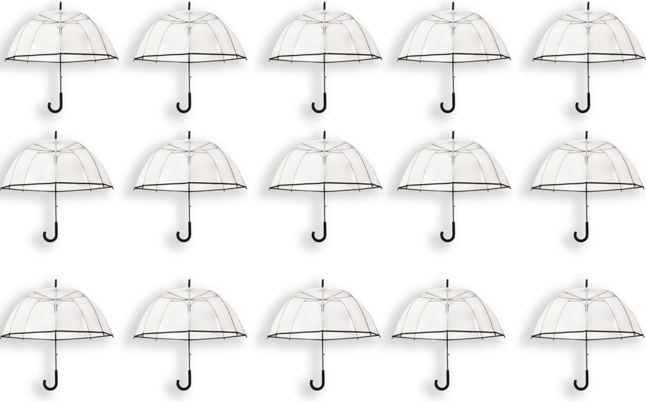 Discountershop 15x Transparent PVC Stick Umbrella 85 cm - Transparent Clear Dome - Windproof Wedding Umbrella with J Handle - Durable and Snow Proof