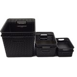 Merkloos 6-Pack Mix Zwarte Plastic Geweven Rotan Opbergmand Desktop Manden Plastic Fruitmand - Opberger - Opbergmanden
