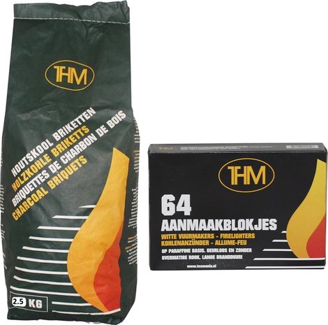 THM 1X houtskoolbriketten-2.5 kilo inclusief aanmaakblokjes 64 Stuks THM 1X houtskoolbriketten-2.5 kilo inclusief aanmaakblokjes 64 Stuks