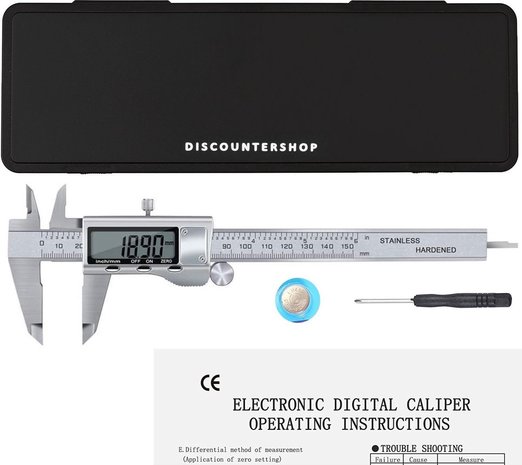Discountershop Professional Digital Caliper with handy storage case - Incl. extra batteries - stainless steel - 150mm measuring range