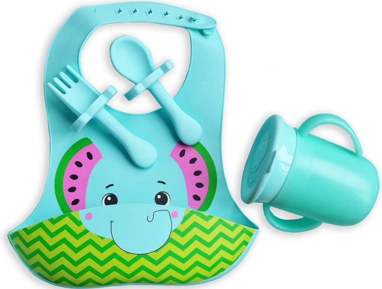 Merkloos Siliconen Slabbetje met Opvangbakje  - Baby Lepeltjes en Vorkjes- BPA-vrij Tuitbeker