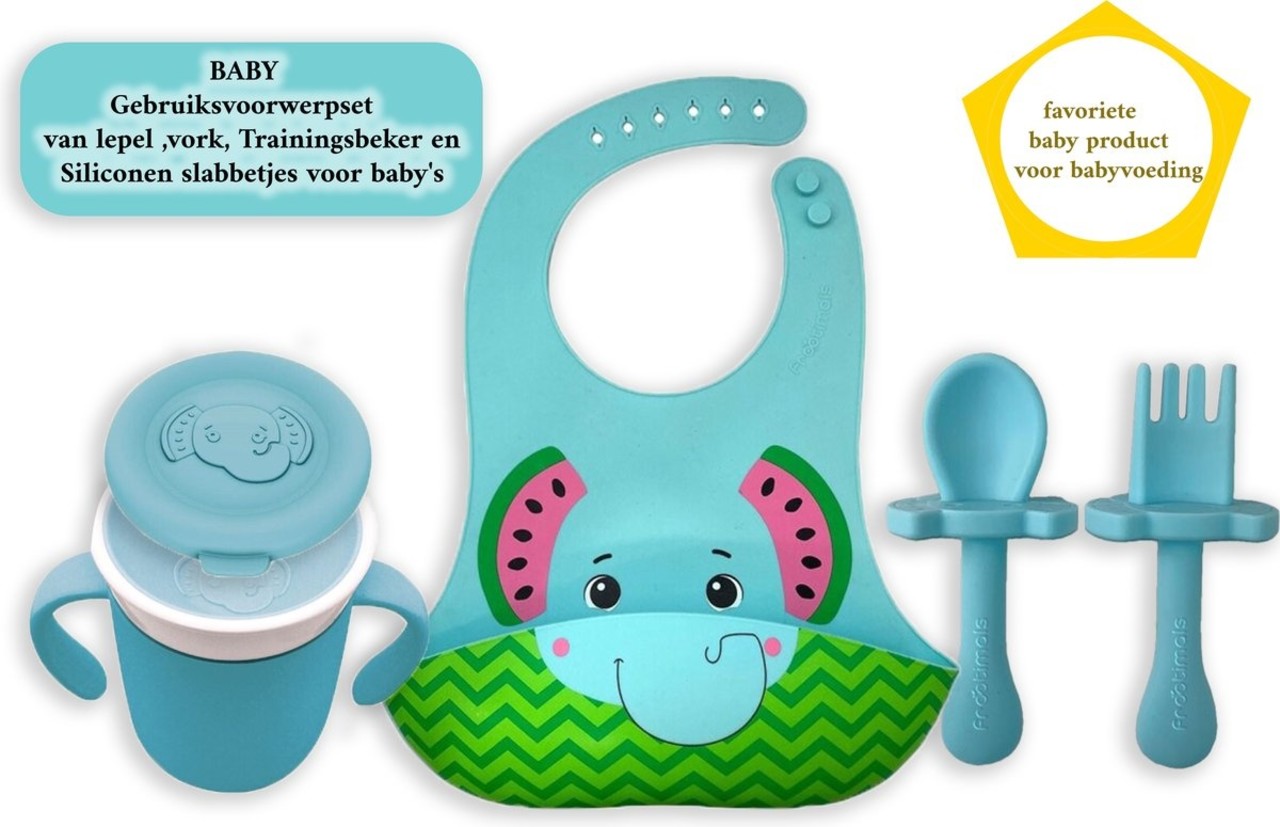 Merkloos Siliconen Slabbetje met Opvangbakje  - Baby Lepeltjes en Vorkjes- BPA-vrij Tuitbeker