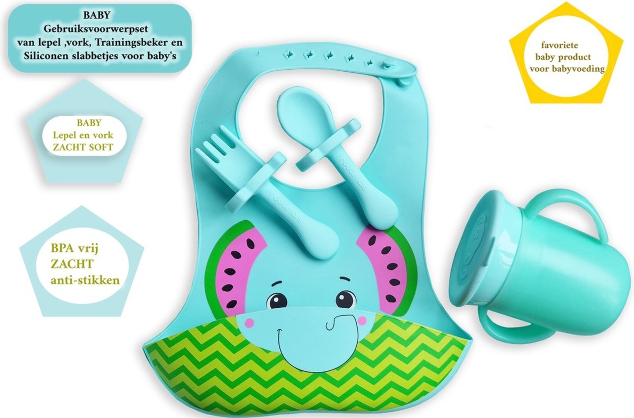 Merkloos Siliconen Slabbetje met Opvangbakje  - Baby Lepeltjes en Vorkjes- BPA-vrij Tuitbeker