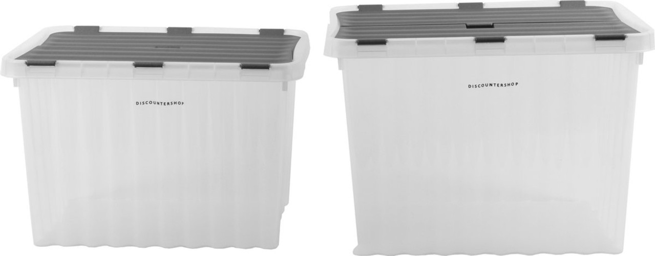 Discountershop 2x Opbergbox met Deksel - 25L en 15L - Kunststof - Transparant Discountershop 2x Opbergbox met Deksel - 25L en 15L - Kunststof - Transparant