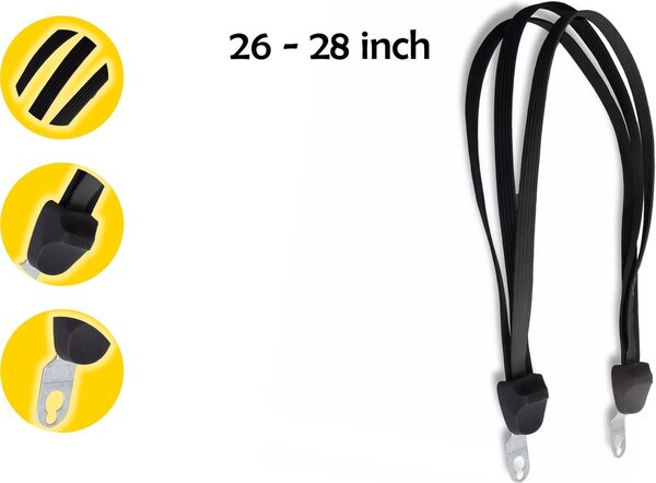 Discountershop Snelbinder spinbinder Fiets 2 stuks : Robuuste Bagagespin voor 26 en 28 inch Wielen met 3 Elastieken, Handige Hak en Elegant Zwart Design