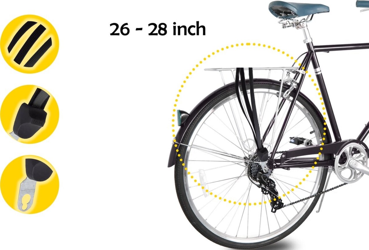 Discountershop Velcro fastener bicycle 2 pieces: Robust Luggage Spider for 26 and 28 inch Wheels with 3 Elastics, Handy Heel and Elegant Black Design